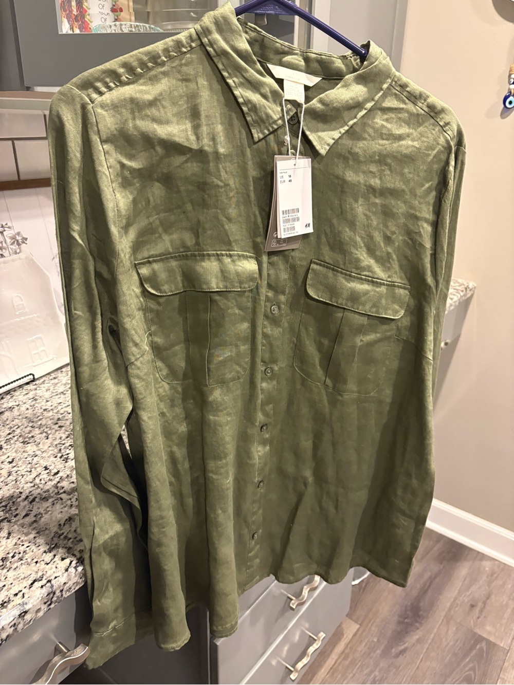 H&M Linen Olive Button-Up Utility Shirt